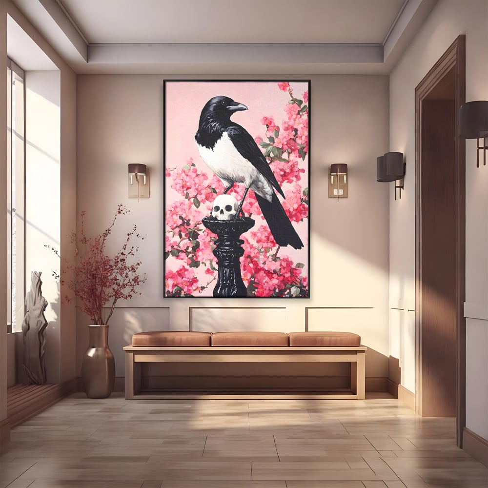 Tablou Canvas Premium, LuxCanva® M1083, Primavara Nemuritoare, Corb, Primavara, Melancolie, Anotimp, Simbolism, Flori, Roz, Negru, Piedestal, Birou, Living, Camera Copil