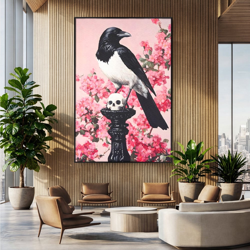 Tablou Canvas Premium, LuxCanva® M1083, Primavara Nemuritoare, Corb, Primavara, Melancolie, Anotimp, Simbolism, Flori, Roz, Negru, Piedestal, Birou, Living, Camera Copil