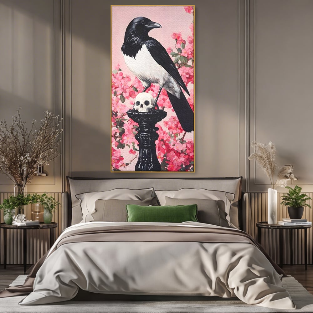 Tablou Canvas Premium, LuxCanva® M1083, Primavara Nemuritoare, Corb, Primavara, Melancolie, Anotimp, Simbolism, Flori, Roz, Negru, Piedestal, Birou, Living, Camera Copil