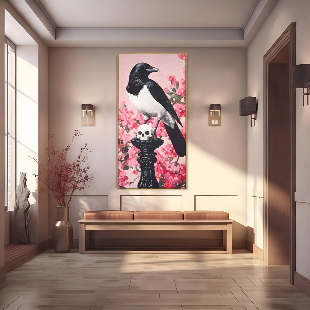 Tablou Canvas Premium, LuxCanva® M1083, Primavara Nemuritoare, Corb, Primavara, Melancolie, Anotimp, Simbolism, Flori, Roz, Negru, Piedestal, Birou, Living, Camera Copil