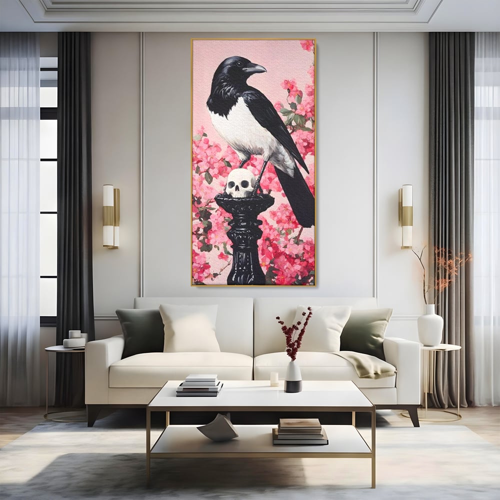 Tablou Canvas Premium, LuxCanva® M1083, Primavara Nemuritoare, Corb, Primavara, Melancolie, Anotimp, Simbolism, Flori, Roz, Negru, Piedestal, Birou, Living, Camera Copil