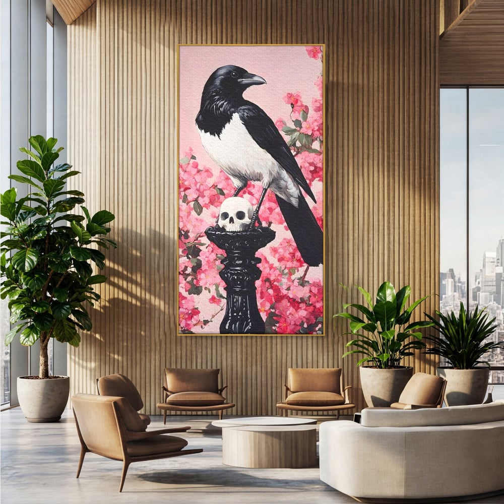 Tablou Canvas Premium, LuxCanva® M1083, Primavara Nemuritoare, Corb, Primavara, Melancolie, Anotimp, Simbolism, Flori, Roz, Negru, Piedestal, Birou, Living, Camera Copil