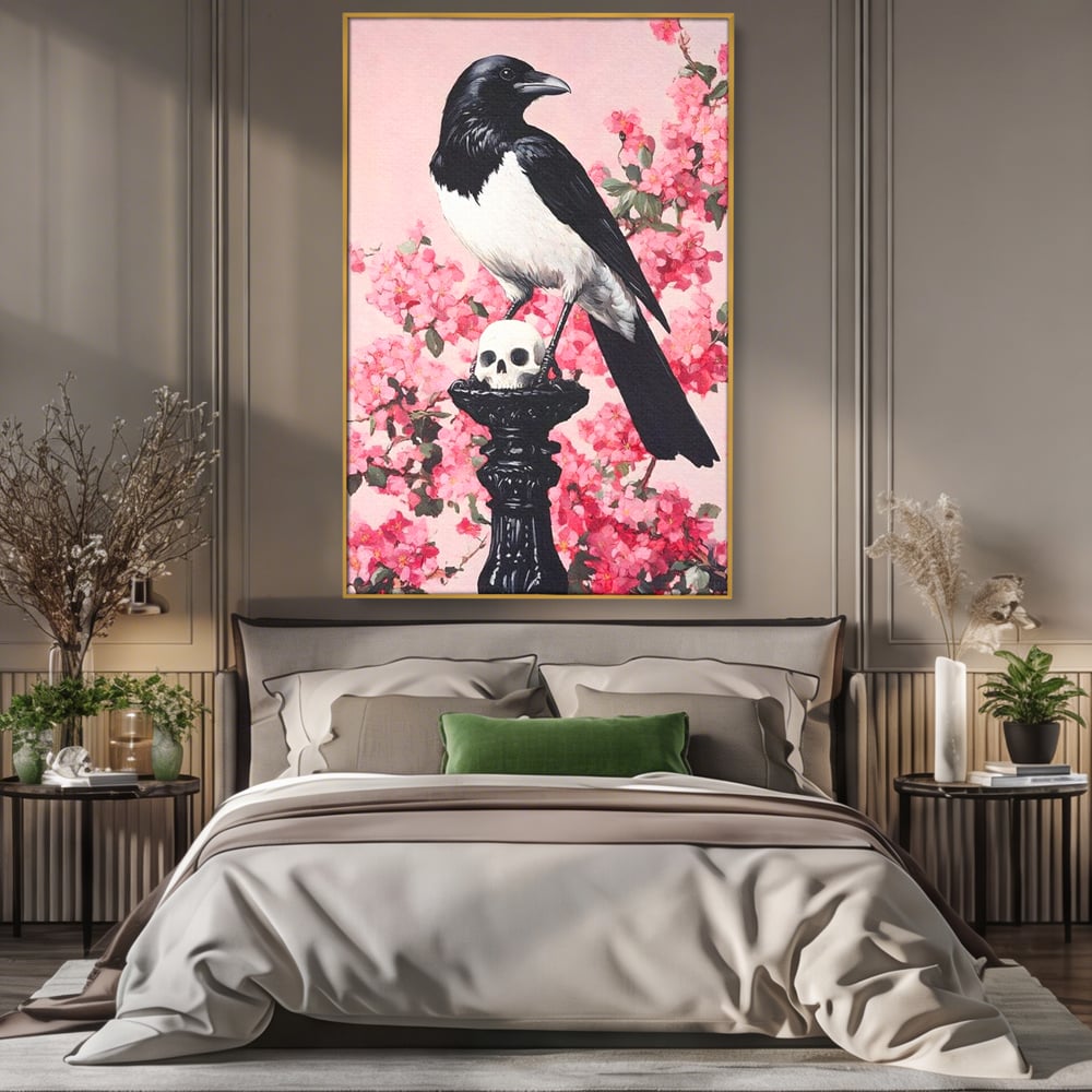 Tablou Canvas Premium, LuxCanva® M1083, Primavara Nemuritoare, Corb, Primavara, Melancolie, Anotimp, Simbolism, Flori, Roz, Negru, Piedestal, Birou, Living, Camera Copil