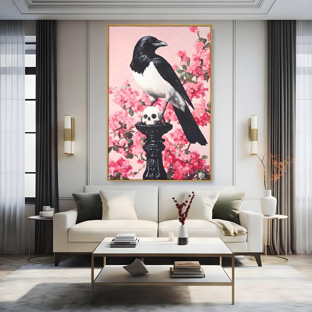 Tablou Canvas Premium, LuxCanva® M1083, Primavara Nemuritoare, Corb, Primavara, Melancolie, Anotimp, Simbolism, Flori, Roz, Negru, Piedestal, Birou, Living, Camera Copil