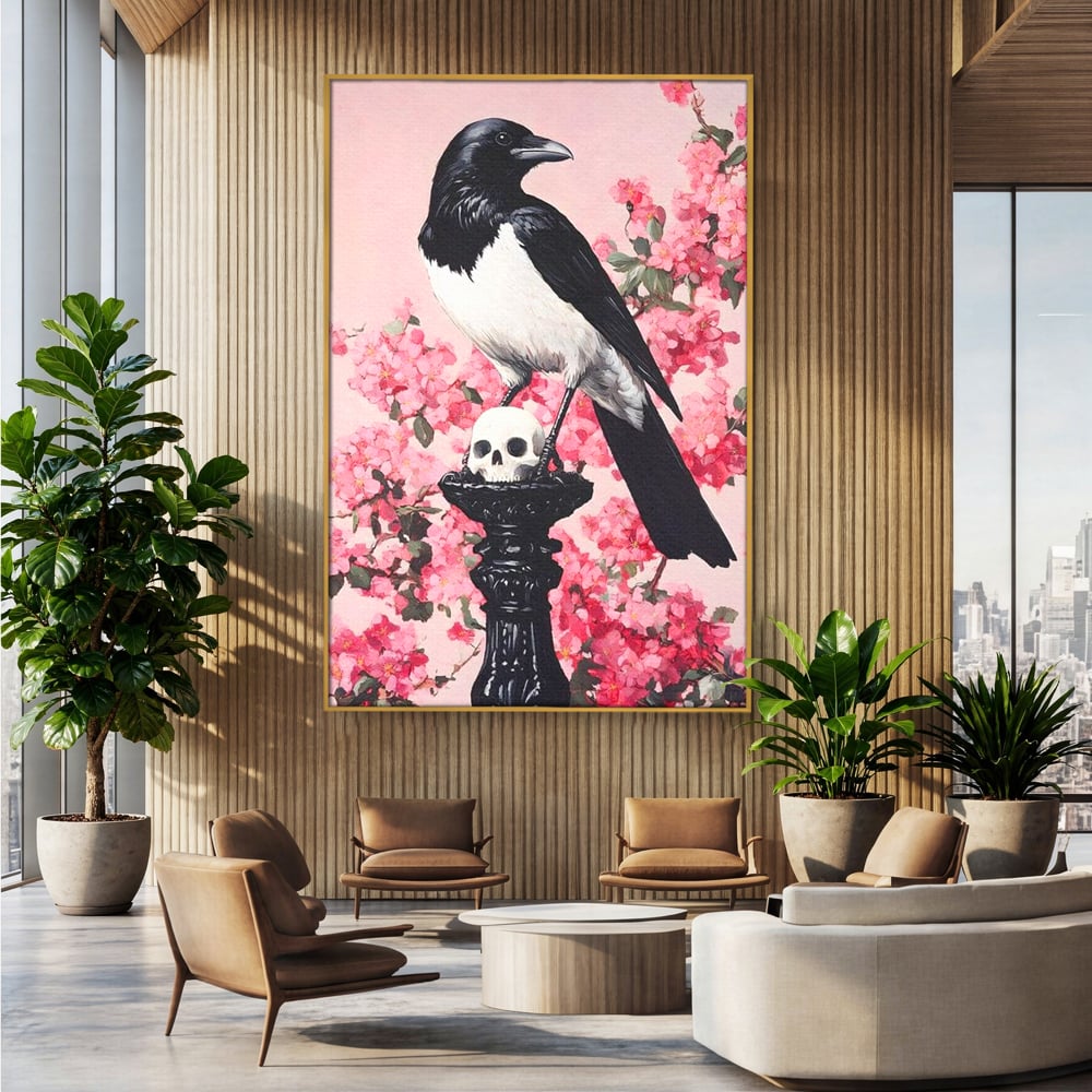 Tablou Canvas Premium, LuxCanva® M1083, Primavara Nemuritoare, Corb, Primavara, Melancolie, Anotimp, Simbolism, Flori, Roz, Negru, Piedestal, Birou, Living, Camera Copil