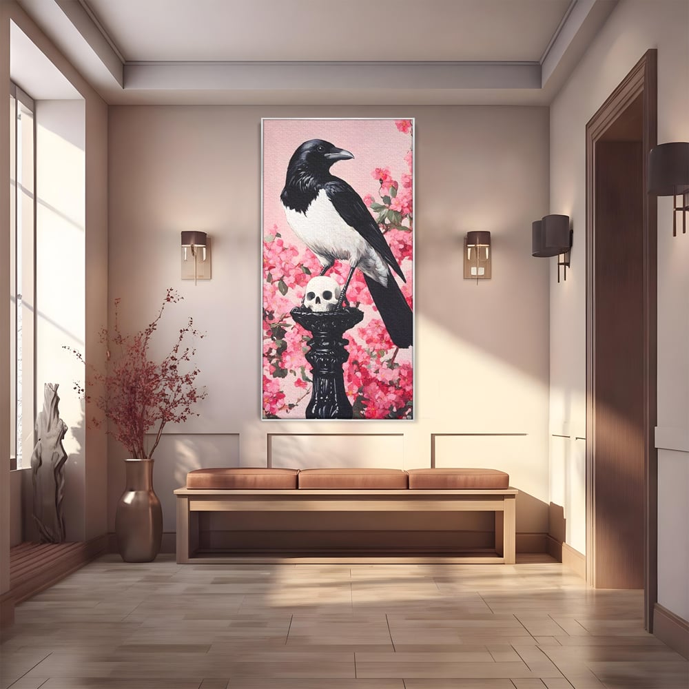 Tablou Canvas Premium, LuxCanva® M1083, Primavara Nemuritoare, Corb, Primavara, Melancolie, Anotimp, Simbolism, Flori, Roz, Negru, Piedestal, Birou, Living, Camera Copil