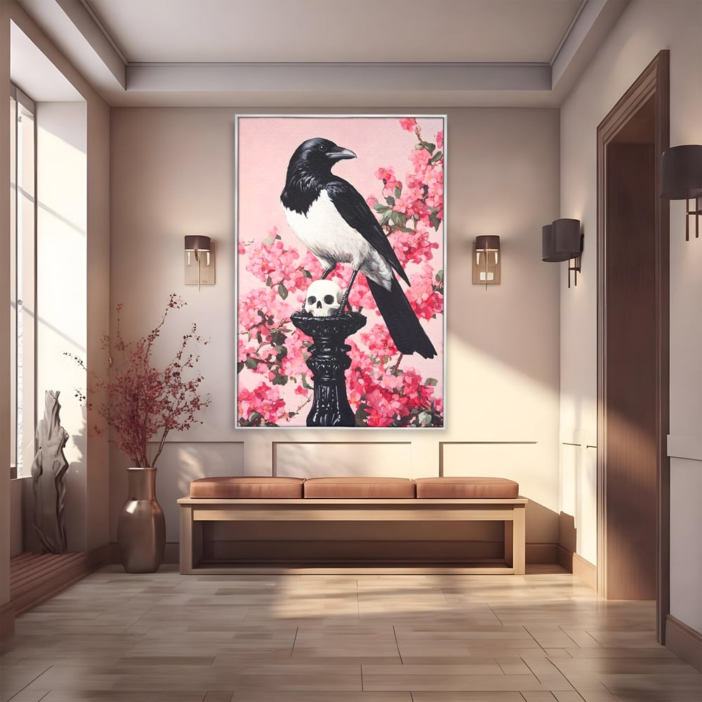 Tablou Canvas Premium, LuxCanva® M1083, Primavara Nemuritoare, Corb, Primavara, Melancolie, Anotimp, Simbolism, Flori, Roz, Negru, Piedestal, Birou, Living, Camera Copil