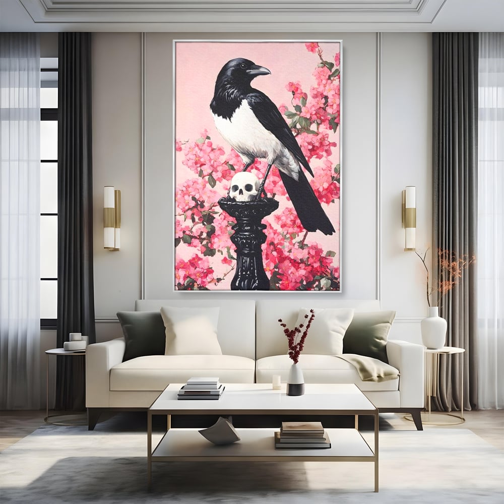 Tablou Canvas Premium, LuxCanva® M1083, Primavara Nemuritoare, Corb, Primavara, Melancolie, Anotimp, Simbolism, Flori, Roz, Negru, Piedestal, Birou, Living, Camera Copil