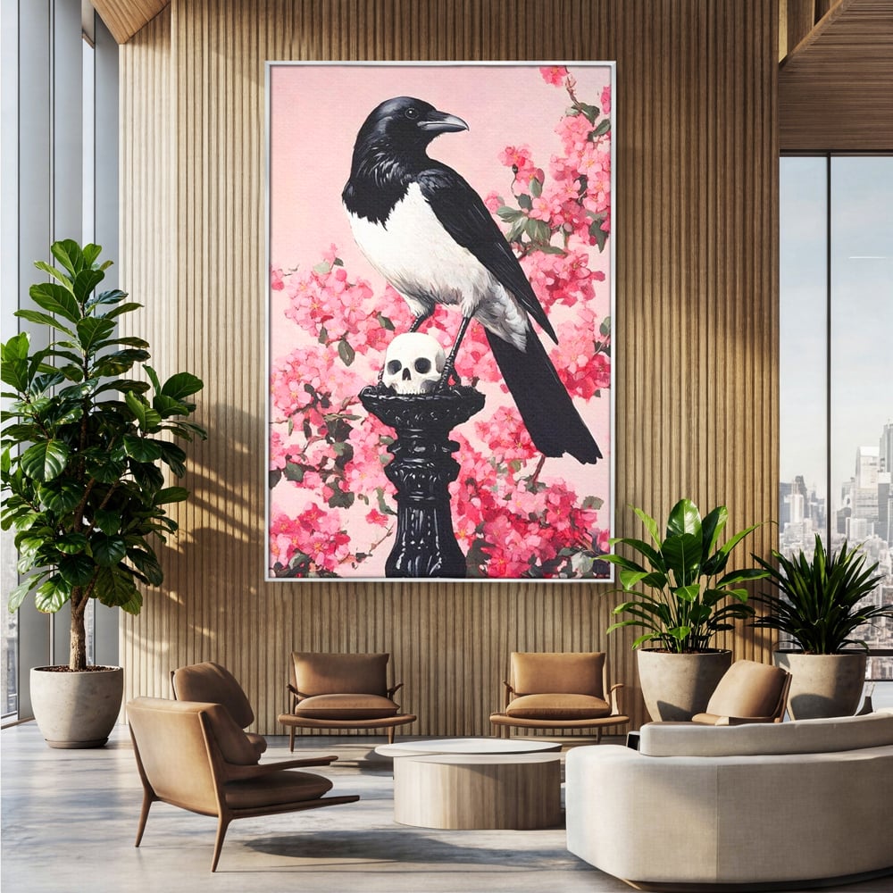 Tablou Canvas Premium, LuxCanva® M1083, Primavara Nemuritoare, Corb, Primavara, Melancolie, Anotimp, Simbolism, Flori, Roz, Negru, Piedestal, Birou, Living, Camera Copil