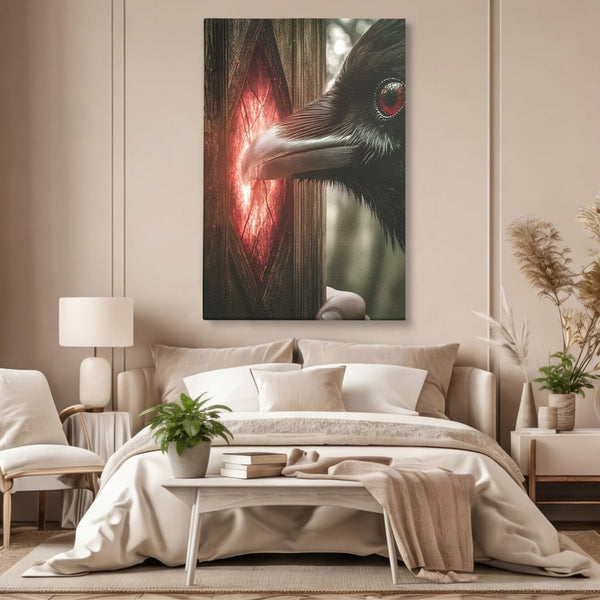 Tablou Canvas Premium, LuxCanva® M1084, Fereastra dintre Lumi, Corb, Privire, Ochi, Viziune, Portal, Magie, Secret, Revelatie, Mister, Pasare, Fereastra, Birou, Living, Camera Copil