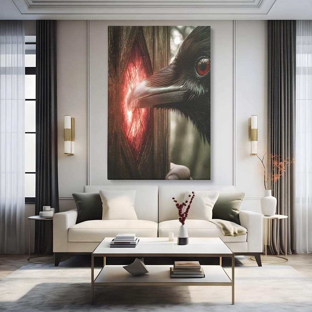Tablou Canvas Premium, LuxCanva® M1084, Fereastra dintre Lumi, Corb, Privire, Ochi, Viziune, Portal, Magie, Secret, Revelatie, Mister, Pasare, Fereastra, Birou, Living, Camera Copil