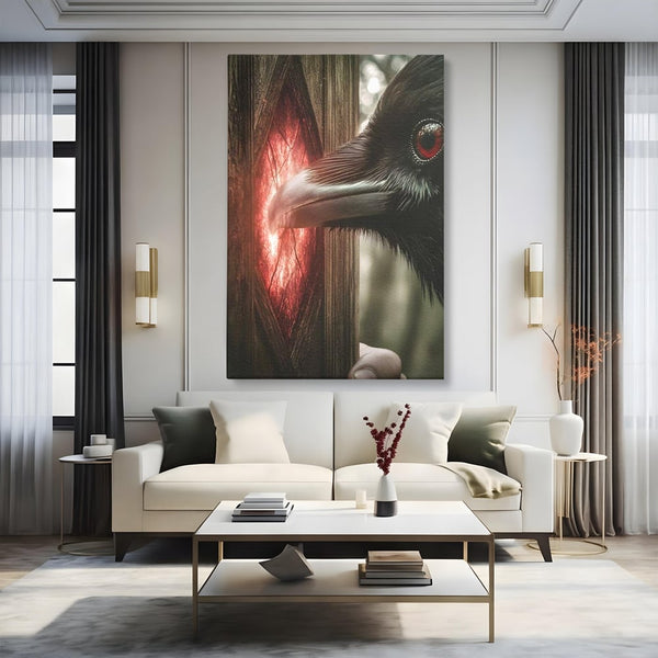 Tablou Canvas Premium, LuxCanva® M1084, Fereastra dintre Lumi, Corb, Privire, Ochi, Viziune, Portal, Magie, Secret, Revelatie, Mister, Pasare, Fereastra, Birou, Living, Camera Copil
