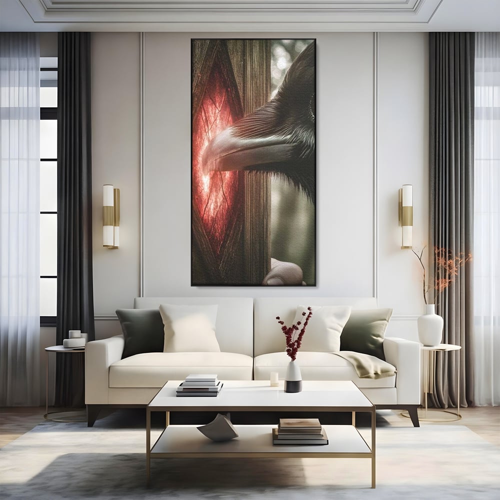 Tablou Canvas Premium, LuxCanva® M1084, Fereastra dintre Lumi, Corb, Privire, Ochi, Viziune, Portal, Magie, Secret, Revelatie, Mister, Pasare, Fereastra, Birou, Living, Camera Copil