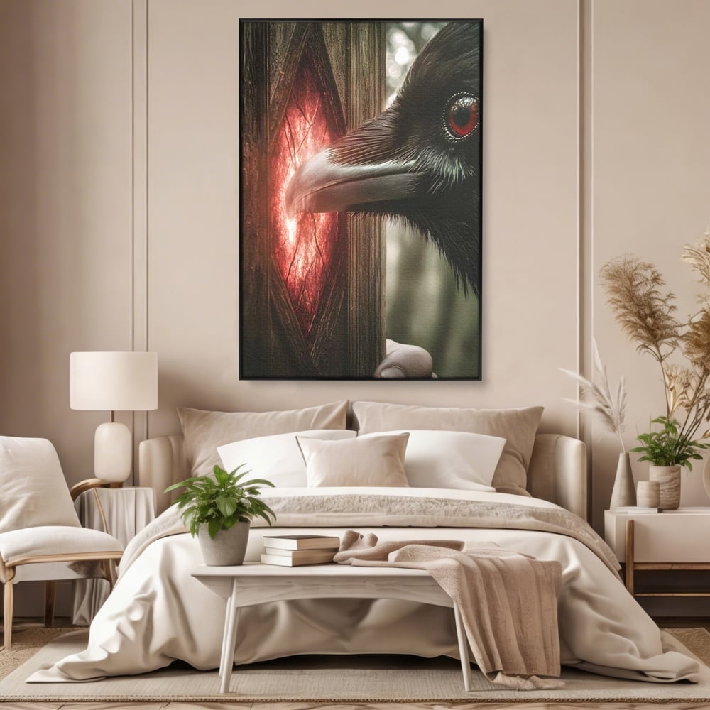 Tablou Canvas Premium, LuxCanva® M1084, Fereastra dintre Lumi, Corb, Privire, Ochi, Viziune, Portal, Magie, Secret, Revelatie, Mister, Pasare, Fereastra, Birou, Living, Camera Copil