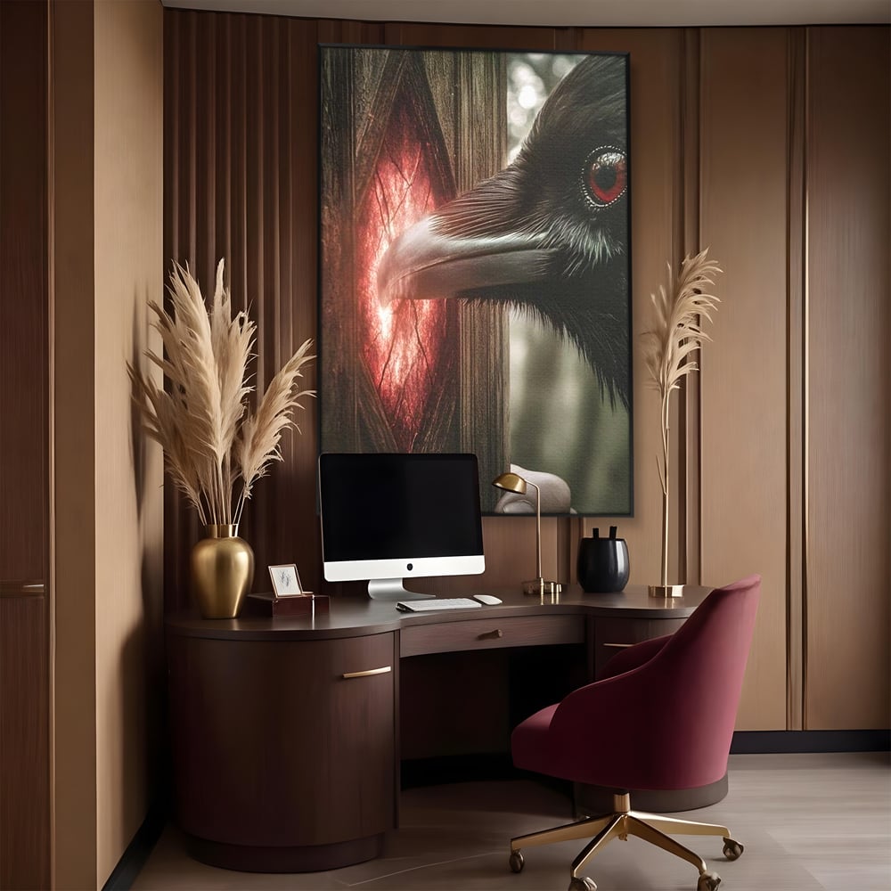Tablou Canvas Premium, LuxCanva® M1084, Fereastra dintre Lumi, Corb, Privire, Ochi, Viziune, Portal, Magie, Secret, Revelatie, Mister, Pasare, Fereastra, Birou, Living, Camera Copil