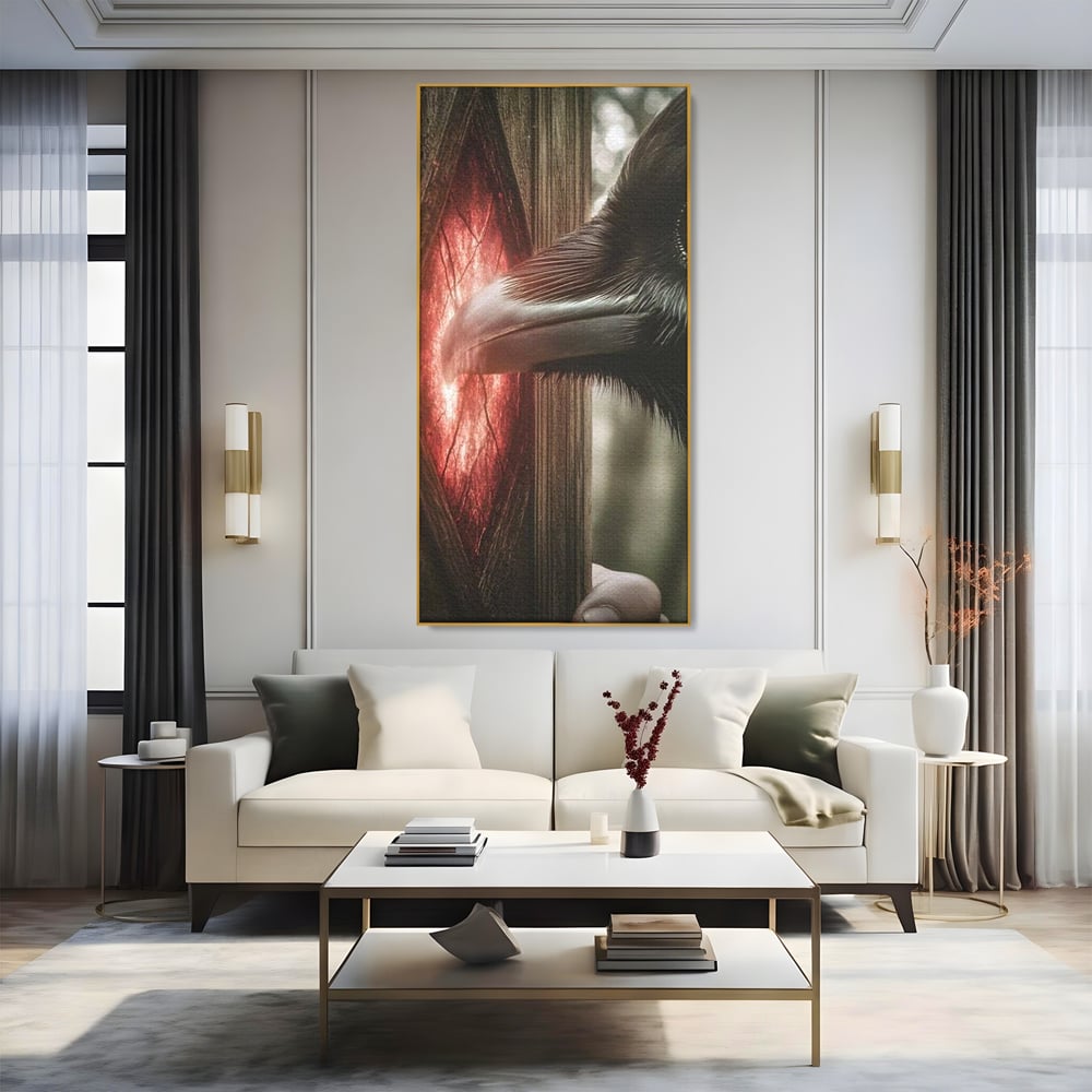 Tablou Canvas Premium, LuxCanva® M1084, Fereastra dintre Lumi, Corb, Privire, Ochi, Viziune, Portal, Magie, Secret, Revelatie, Mister, Pasare, Fereastra, Birou, Living, Camera Copil