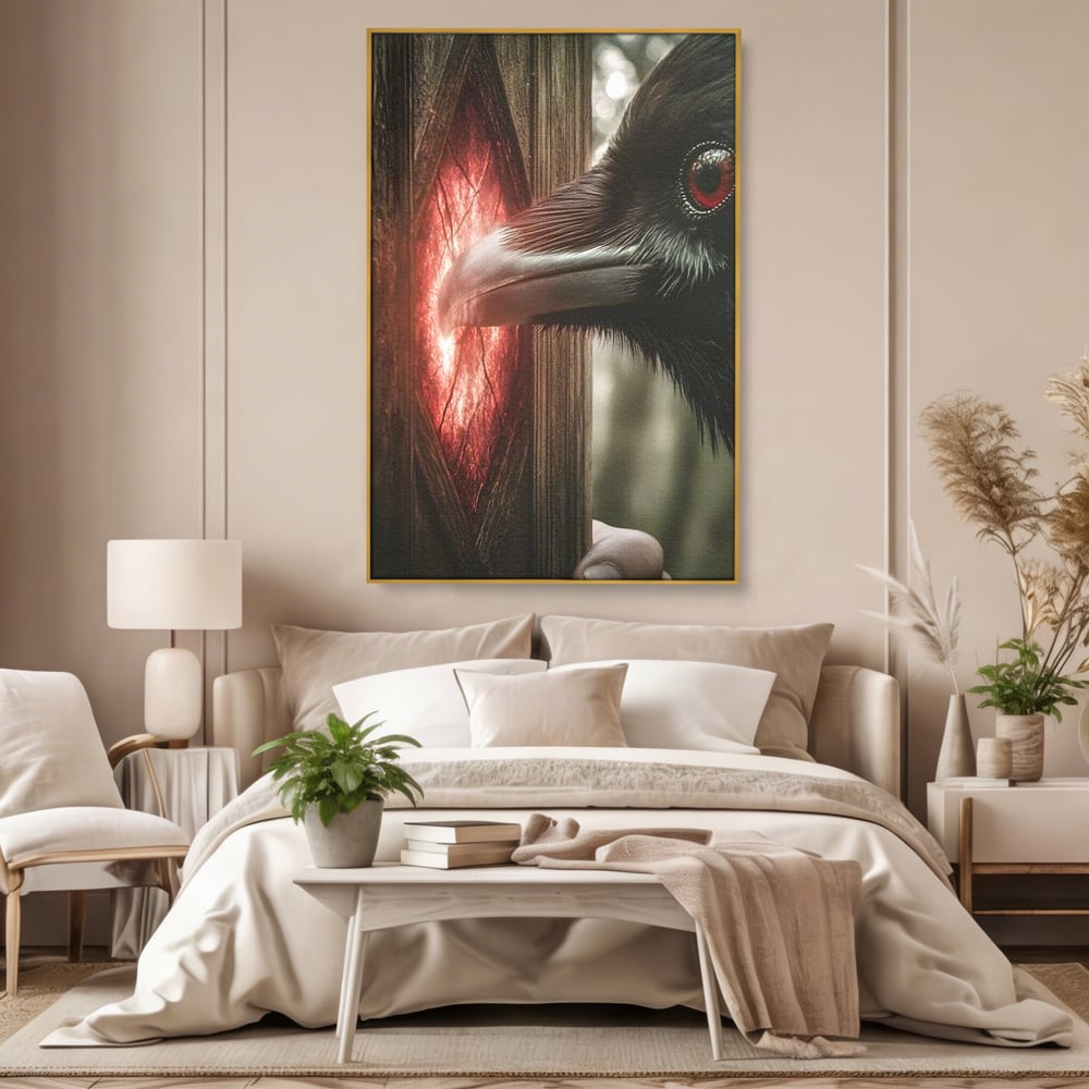 Tablou Canvas Premium, LuxCanva® M1084, Fereastra dintre Lumi, Corb, Privire, Ochi, Viziune, Portal, Magie, Secret, Revelatie, Mister, Pasare, Fereastra, Birou, Living, Camera Copil