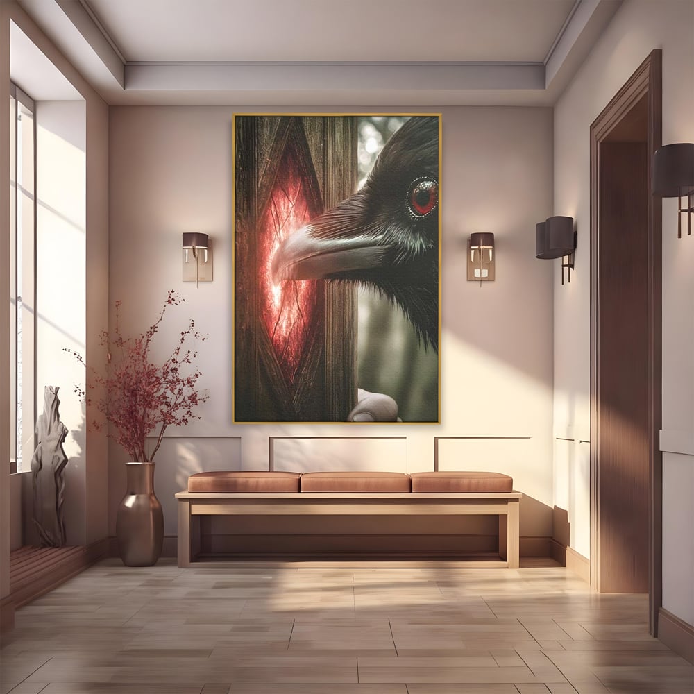 Tablou Canvas Premium, LuxCanva® M1084, Fereastra dintre Lumi, Corb, Privire, Ochi, Viziune, Portal, Magie, Secret, Revelatie, Mister, Pasare, Fereastra, Birou, Living, Camera Copil