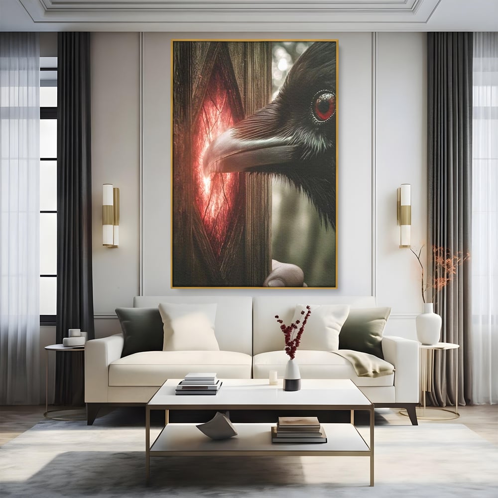 Tablou Canvas Premium, LuxCanva® M1084, Fereastra dintre Lumi, Corb, Privire, Ochi, Viziune, Portal, Magie, Secret, Revelatie, Mister, Pasare, Fereastra, Birou, Living, Camera Copil