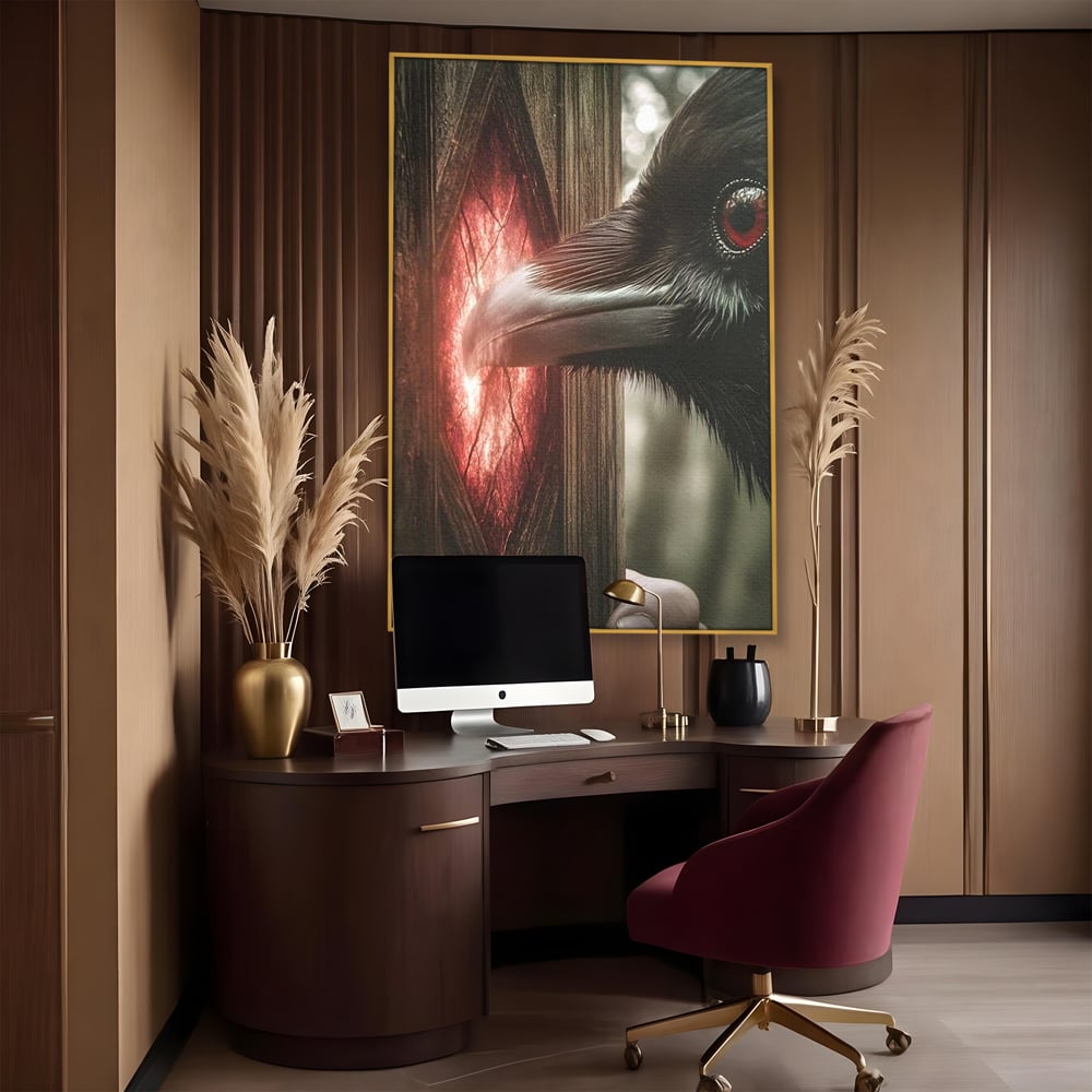 Tablou Canvas Premium, LuxCanva® M1084, Fereastra dintre Lumi, Corb, Privire, Ochi, Viziune, Portal, Magie, Secret, Revelatie, Mister, Pasare, Fereastra, Birou, Living, Camera Copil