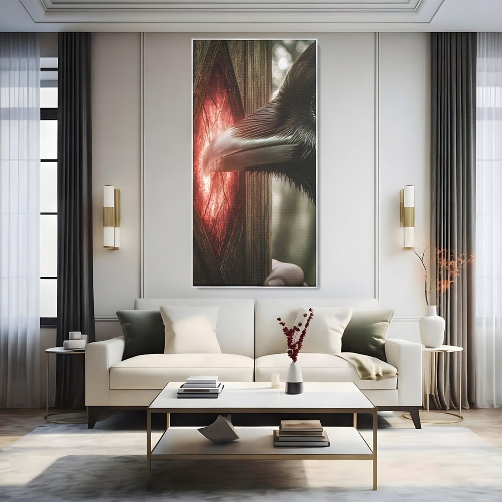 Tablou Canvas Premium, LuxCanva® M1084, Fereastra dintre Lumi, Corb, Privire, Ochi, Viziune, Portal, Magie, Secret, Revelatie, Mister, Pasare, Fereastra, Birou, Living, Camera Copil