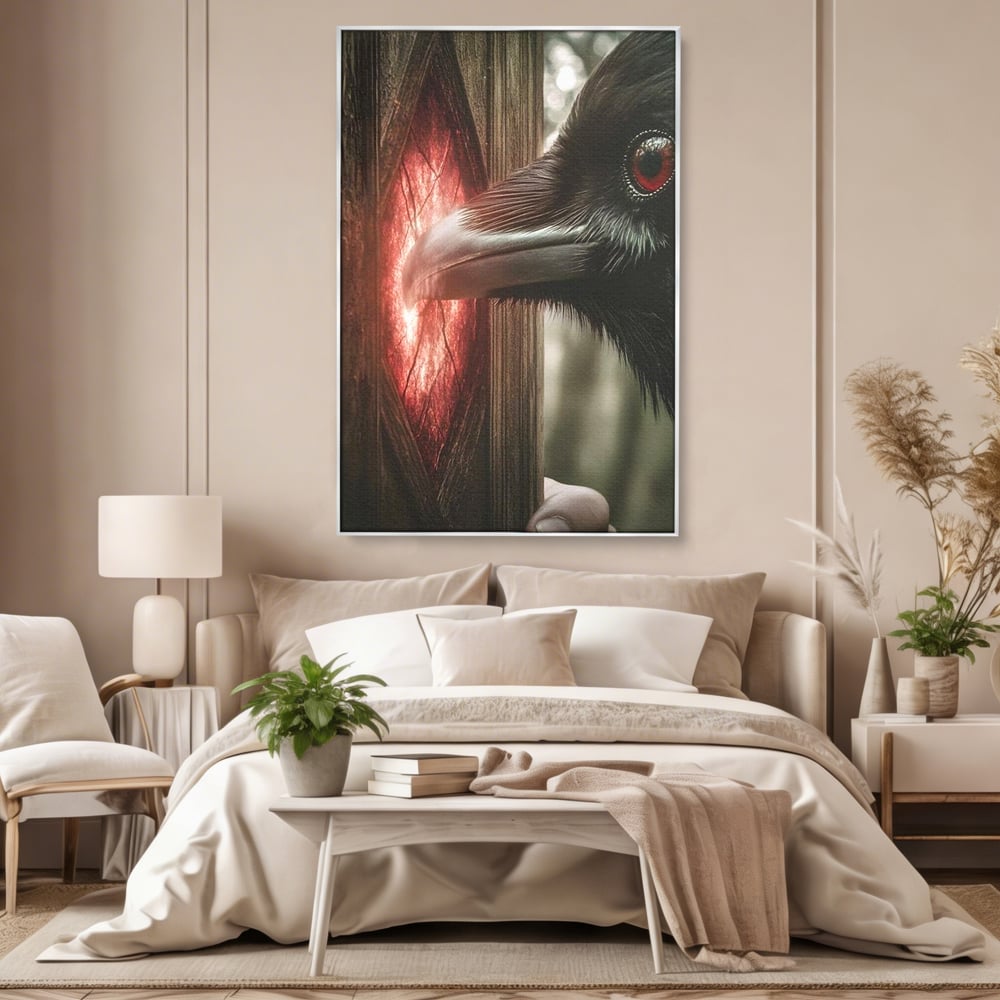Tablou Canvas Premium, LuxCanva® M1084, Fereastra dintre Lumi, Corb, Privire, Ochi, Viziune, Portal, Magie, Secret, Revelatie, Mister, Pasare, Fereastra, Birou, Living, Camera Copil