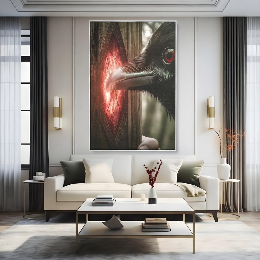 Tablou Canvas Premium, LuxCanva® M1084, Fereastra dintre Lumi, Corb, Privire, Ochi, Viziune, Portal, Magie, Secret, Revelatie, Mister, Pasare, Fereastra, Birou, Living, Camera Copil