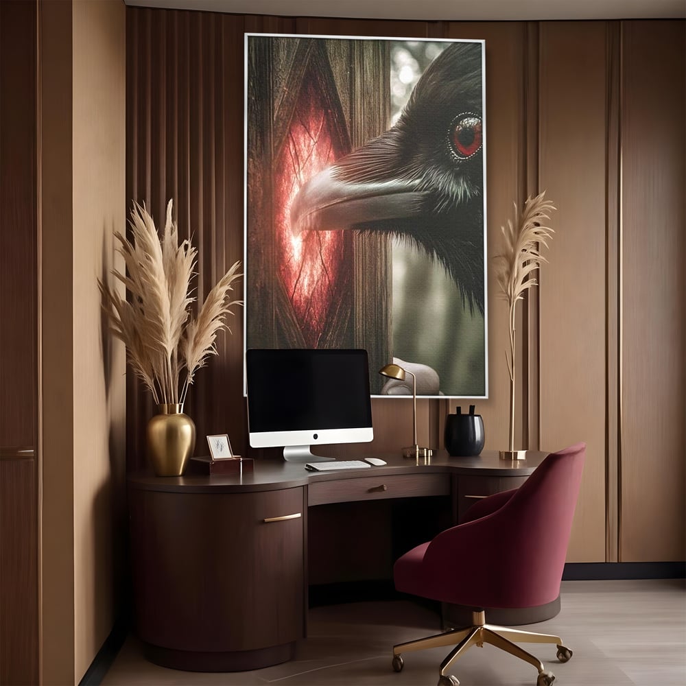 Tablou Canvas Premium, LuxCanva® M1084, Fereastra dintre Lumi, Corb, Privire, Ochi, Viziune, Portal, Magie, Secret, Revelatie, Mister, Pasare, Fereastra, Birou, Living, Camera Copil