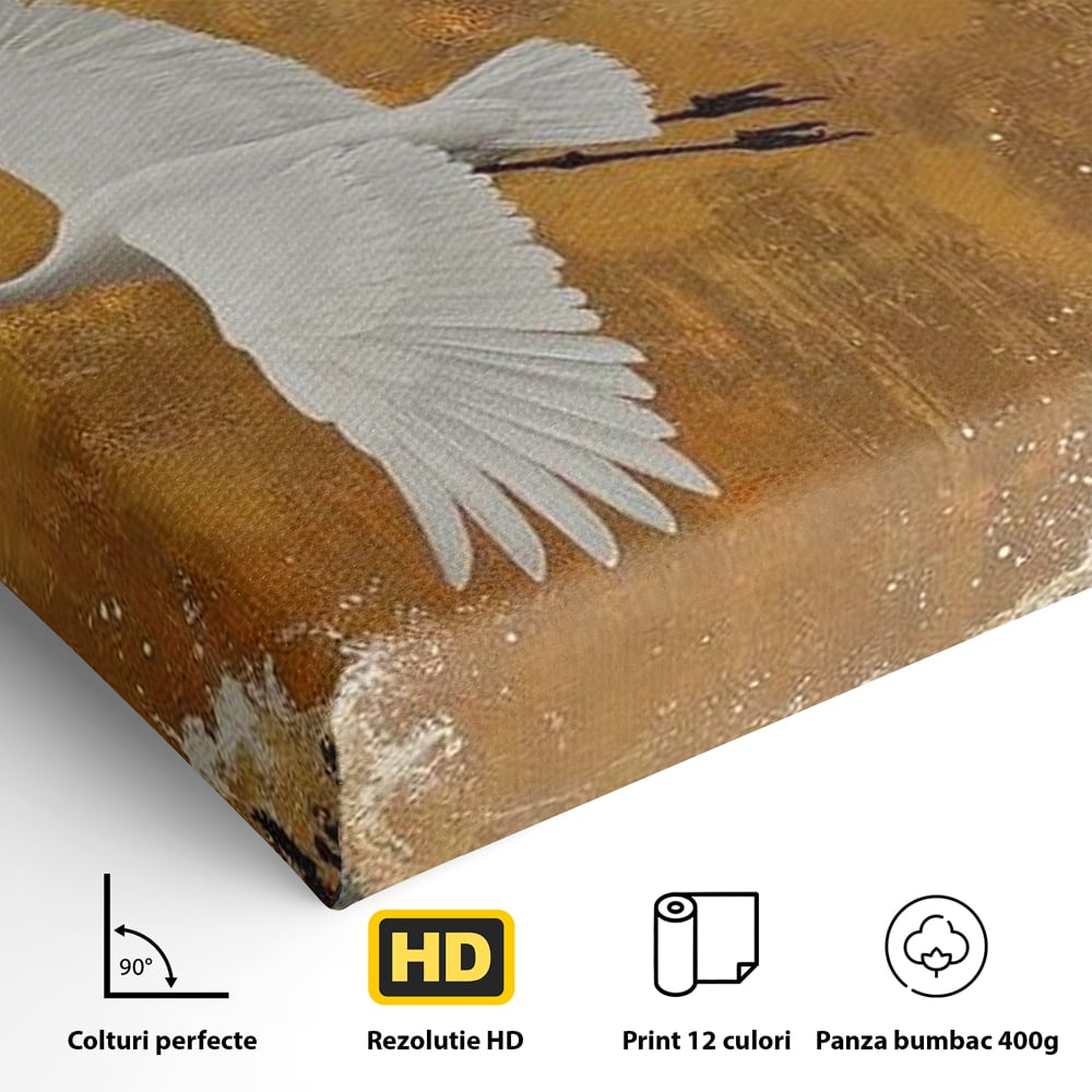 Tablou Canvas Premium, LuxCanva® M1085, Aripi Gemene spre Apus, Cocori, Pasari, Soare, Rosu, Auriu, Valuri, Zbor, Aripi, Pereche, Asiatic, Oriental, Birou, Living, Camera Copil
