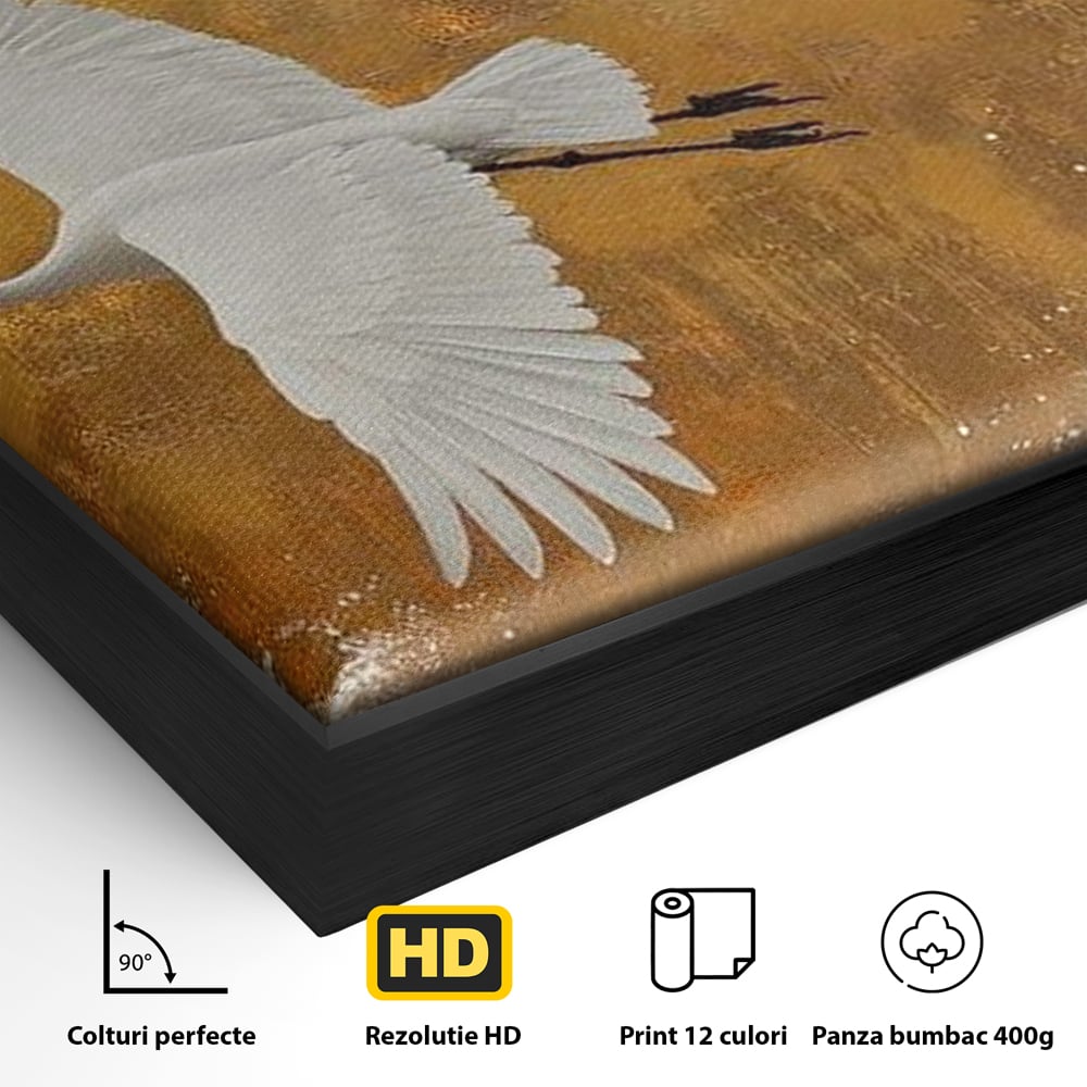 Tablou Canvas Premium, LuxCanva® M1085, Aripi Gemene spre Apus, Cocori, Pasari, Soare, Rosu, Auriu, Valuri, Zbor, Aripi, Pereche, Asiatic, Oriental, Birou, Living, Camera Copil