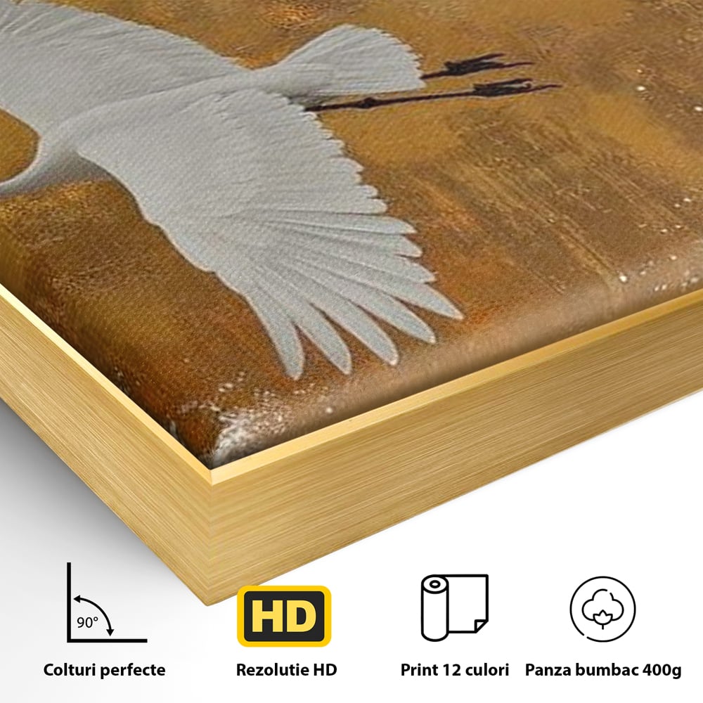 Tablou Canvas Premium, LuxCanva® M1085, Aripi Gemene spre Apus, Cocori, Pasari, Soare, Rosu, Auriu, Valuri, Zbor, Aripi, Pereche, Asiatic, Oriental, Birou, Living, Camera Copil