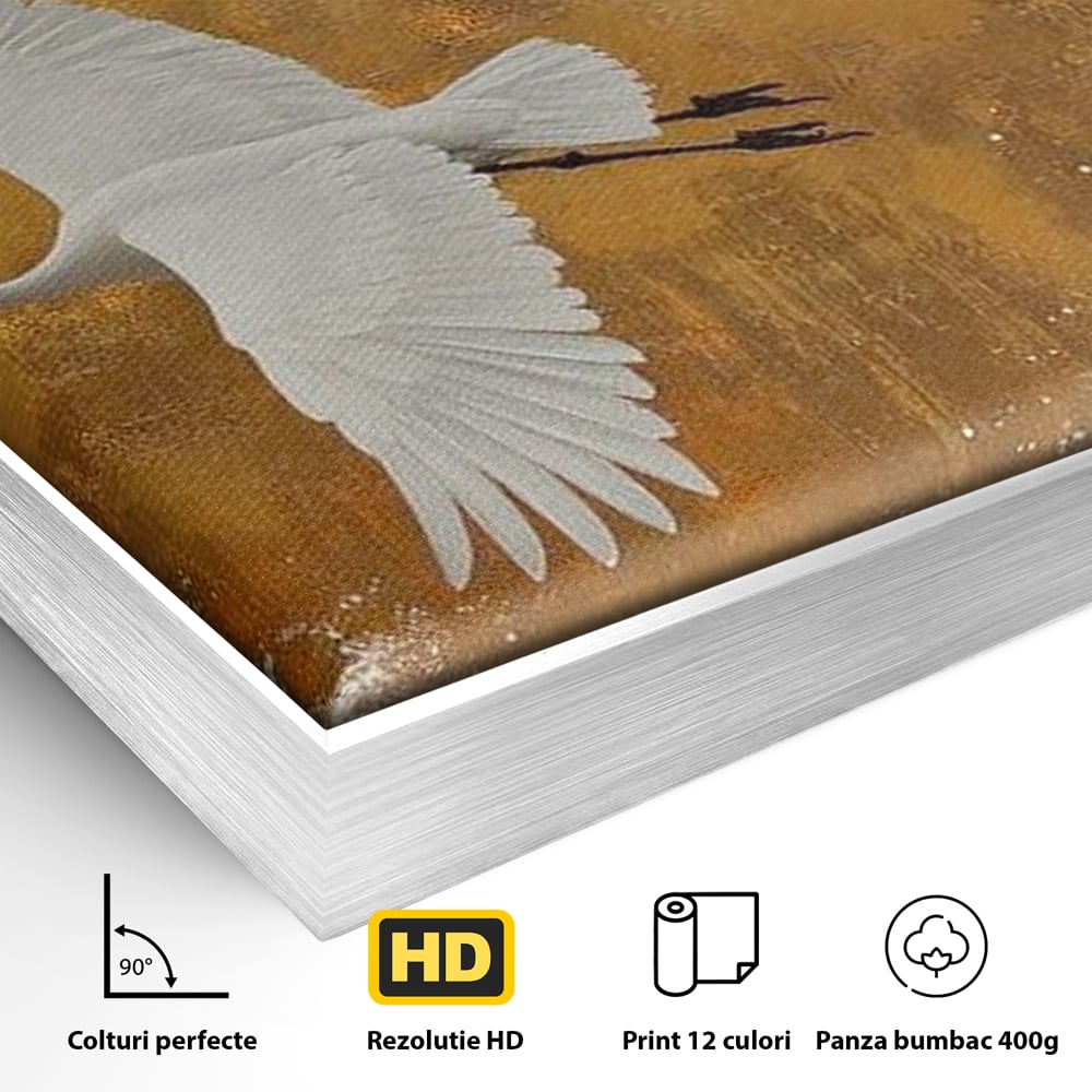 Tablou Canvas Premium, LuxCanva® M1085, Aripi Gemene spre Apus, Cocori, Pasari, Soare, Rosu, Auriu, Valuri, Zbor, Aripi, Pereche, Asiatic, Oriental, Birou, Living, Camera Copil