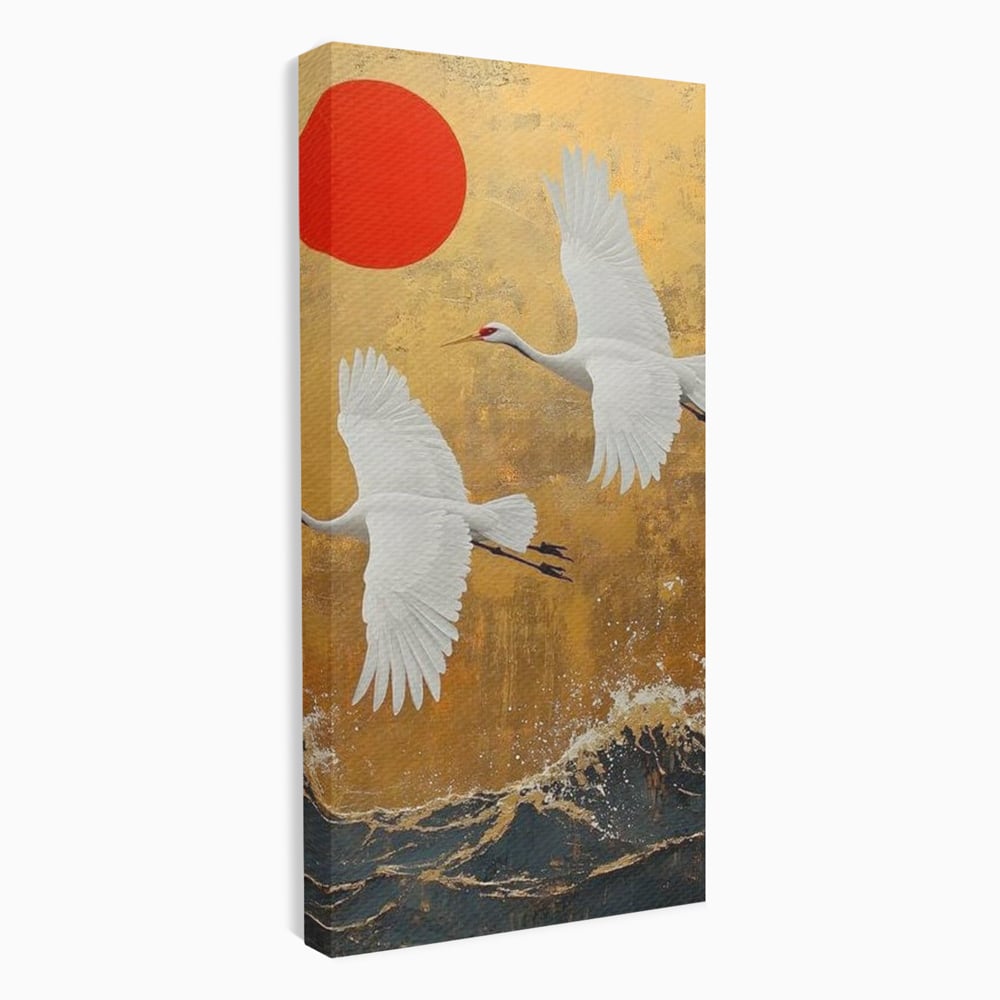 Tablou Canvas Premium, LuxCanva® M1085, Aripi Gemene spre Apus, Cocori, Pasari, Soare, Rosu, Auriu, Valuri, Zbor, Aripi, Pereche, Asiatic, Oriental, Birou, Living, Camera Copil