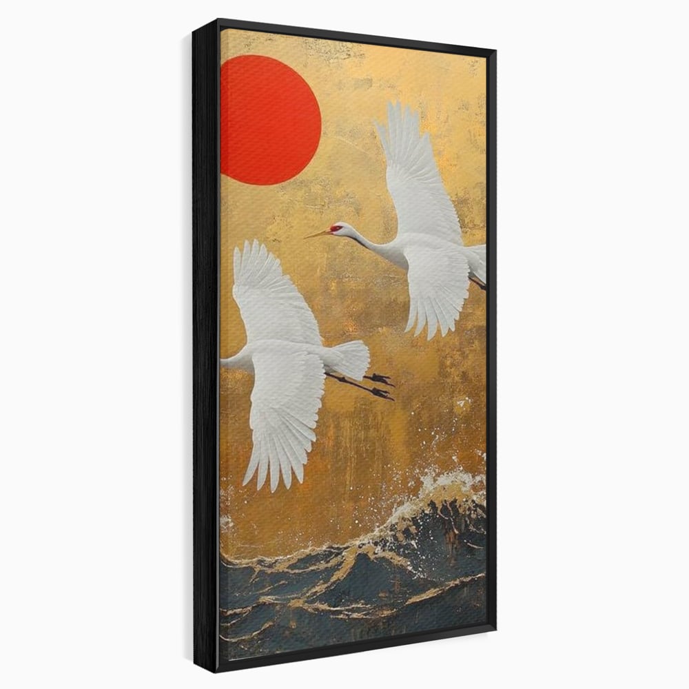 Tablou Canvas Premium, LuxCanva® M1085, Aripi Gemene spre Apus, Cocori, Pasari, Soare, Rosu, Auriu, Valuri, Zbor, Aripi, Pereche, Asiatic, Oriental, Birou, Living, Camera Copil