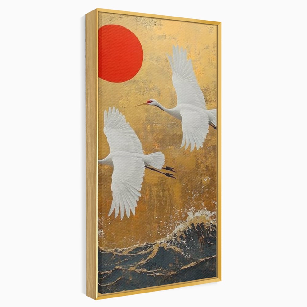 Tablou Canvas Premium, LuxCanva® M1085, Aripi Gemene spre Apus, Cocori, Pasari, Soare, Rosu, Auriu, Valuri, Zbor, Aripi, Pereche, Asiatic, Oriental, Birou, Living, Camera Copil