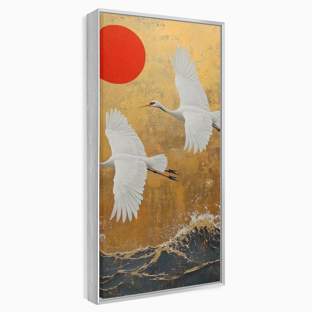 Tablou Canvas Premium, LuxCanva® M1085, Aripi Gemene spre Apus, Cocori, Pasari, Soare, Rosu, Auriu, Valuri, Zbor, Aripi, Pereche, Asiatic, Oriental, Birou, Living, Camera Copil