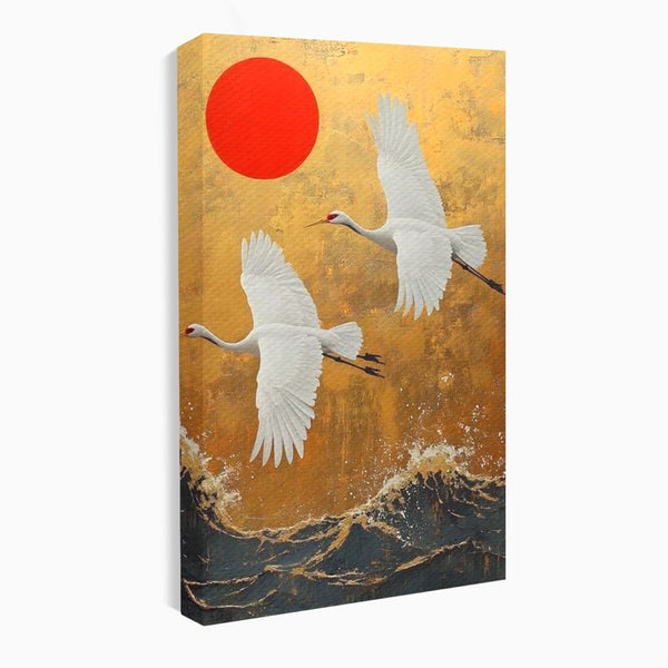 Tablou Canvas Premium, LuxCanva® M1085, Aripi Gemene spre Apus, Cocori, Pasari, Soare, Rosu, Auriu, Valuri, Zbor, Aripi, Pereche, Asiatic, Oriental, Birou, Living, Camera Copil