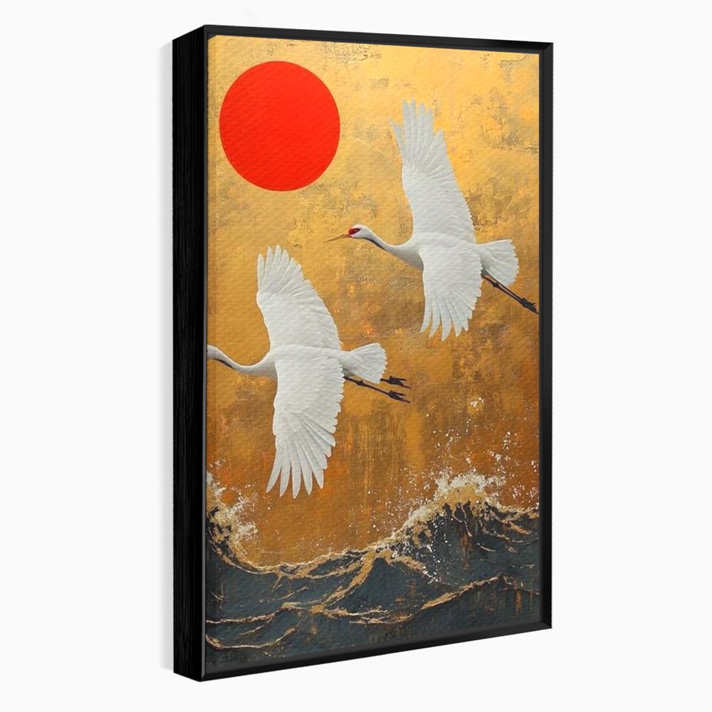 Tablou Canvas Premium, LuxCanva® M1085, Aripi Gemene spre Apus, Cocori, Pasari, Soare, Rosu, Auriu, Valuri, Zbor, Aripi, Pereche, Asiatic, Oriental, Birou, Living, Camera Copil