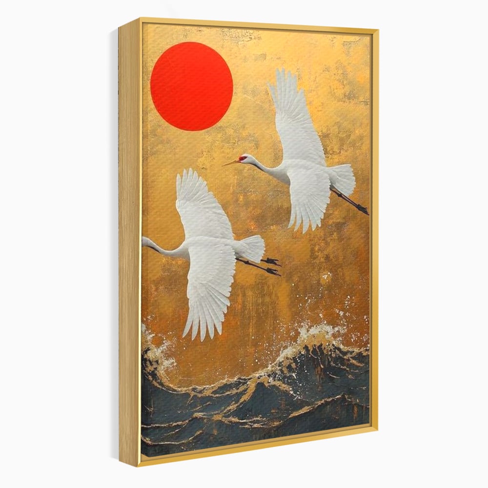 Tablou Canvas Premium, LuxCanva® M1085, Aripi Gemene spre Apus, Cocori, Pasari, Soare, Rosu, Auriu, Valuri, Zbor, Aripi, Pereche, Asiatic, Oriental, Birou, Living, Camera Copil