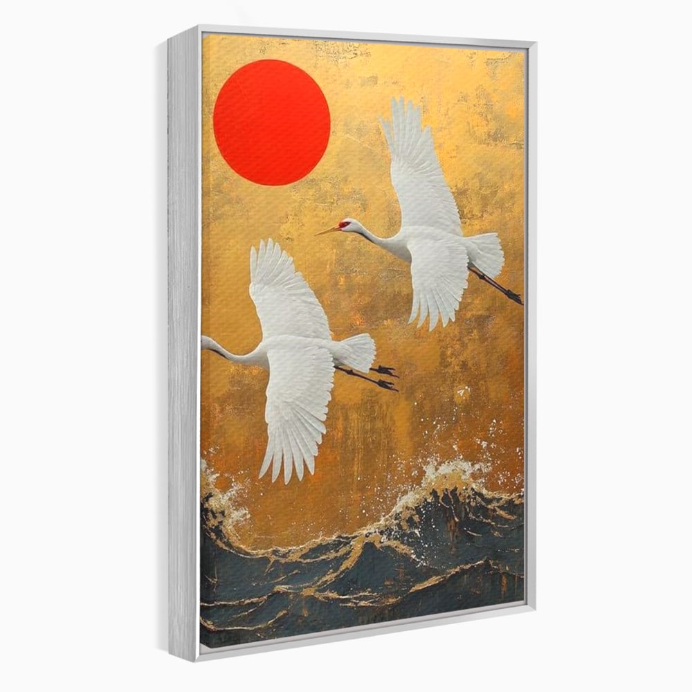 Tablou Canvas Premium, LuxCanva® M1085, Aripi Gemene spre Apus, Cocori, Pasari, Soare, Rosu, Auriu, Valuri, Zbor, Aripi, Pereche, Asiatic, Oriental, Birou, Living, Camera Copil