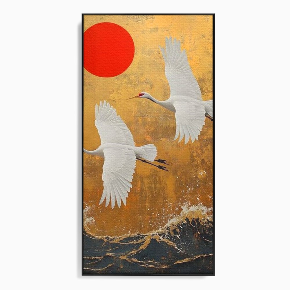 Tablou Canvas Premium, LuxCanva® M1085, Aripi Gemene spre Apus, Cocori, Pasari, Soare, Rosu, Auriu, Valuri, Zbor, Aripi, Pereche, Asiatic, Oriental, Birou, Living, Camera Copil
