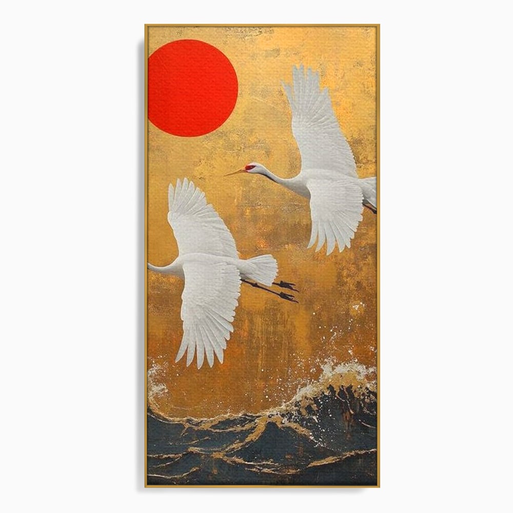 Tablou Canvas Premium, LuxCanva® M1085, Aripi Gemene spre Apus, Cocori, Pasari, Soare, Rosu, Auriu, Valuri, Zbor, Aripi, Pereche, Asiatic, Oriental, Birou, Living, Camera Copil