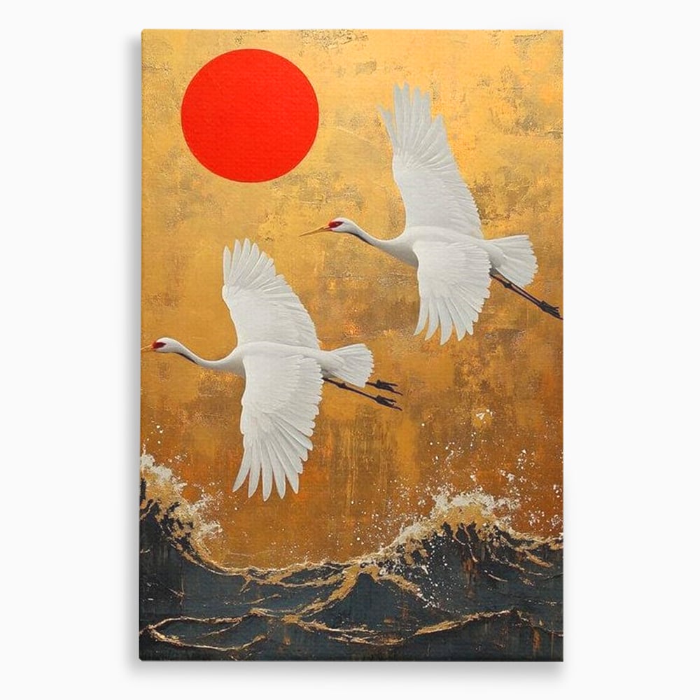 Tablou Canvas Premium, LuxCanva® M1085, Aripi Gemene spre Apus, Cocori, Pasari, Soare, Rosu, Auriu, Valuri, Zbor, Aripi, Pereche, Asiatic, Oriental, Birou, Living, Camera Copil