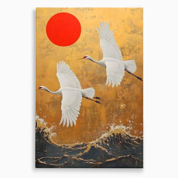 Tablou Canvas Premium, LuxCanva® M1085, Aripi Gemene spre Apus, Cocori, Pasari, Soare, Rosu, Auriu, Valuri, Zbor, Aripi, Pereche, Asiatic, Oriental, Birou, Living, Camera Copil