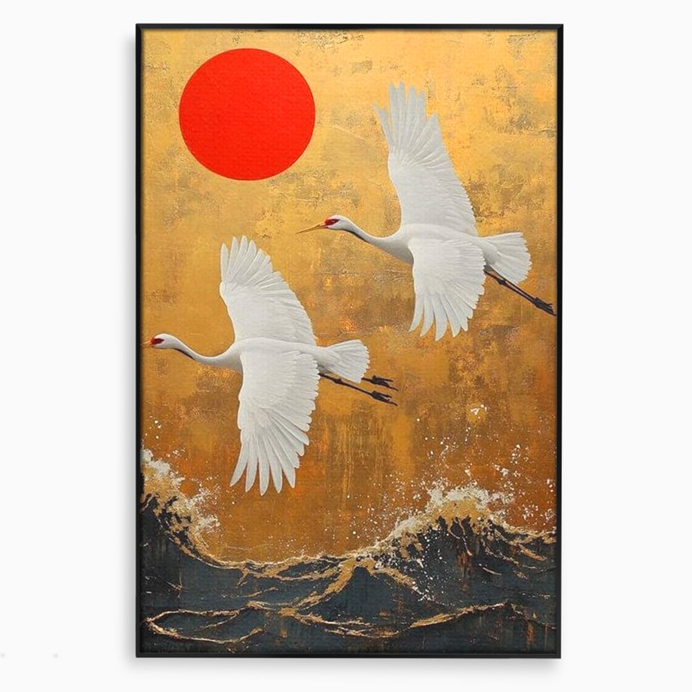 Tablou Canvas Premium, LuxCanva® M1085, Aripi Gemene spre Apus, Cocori, Pasari, Soare, Rosu, Auriu, Valuri, Zbor, Aripi, Pereche, Asiatic, Oriental, Birou, Living, Camera Copil