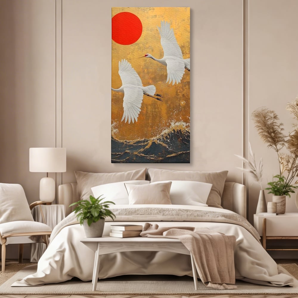 Tablou Canvas Premium, LuxCanva® M1085, Aripi Gemene spre Apus, Cocori, Pasari, Soare, Rosu, Auriu, Valuri, Zbor, Aripi, Pereche, Asiatic, Oriental, Birou, Living, Camera Copil