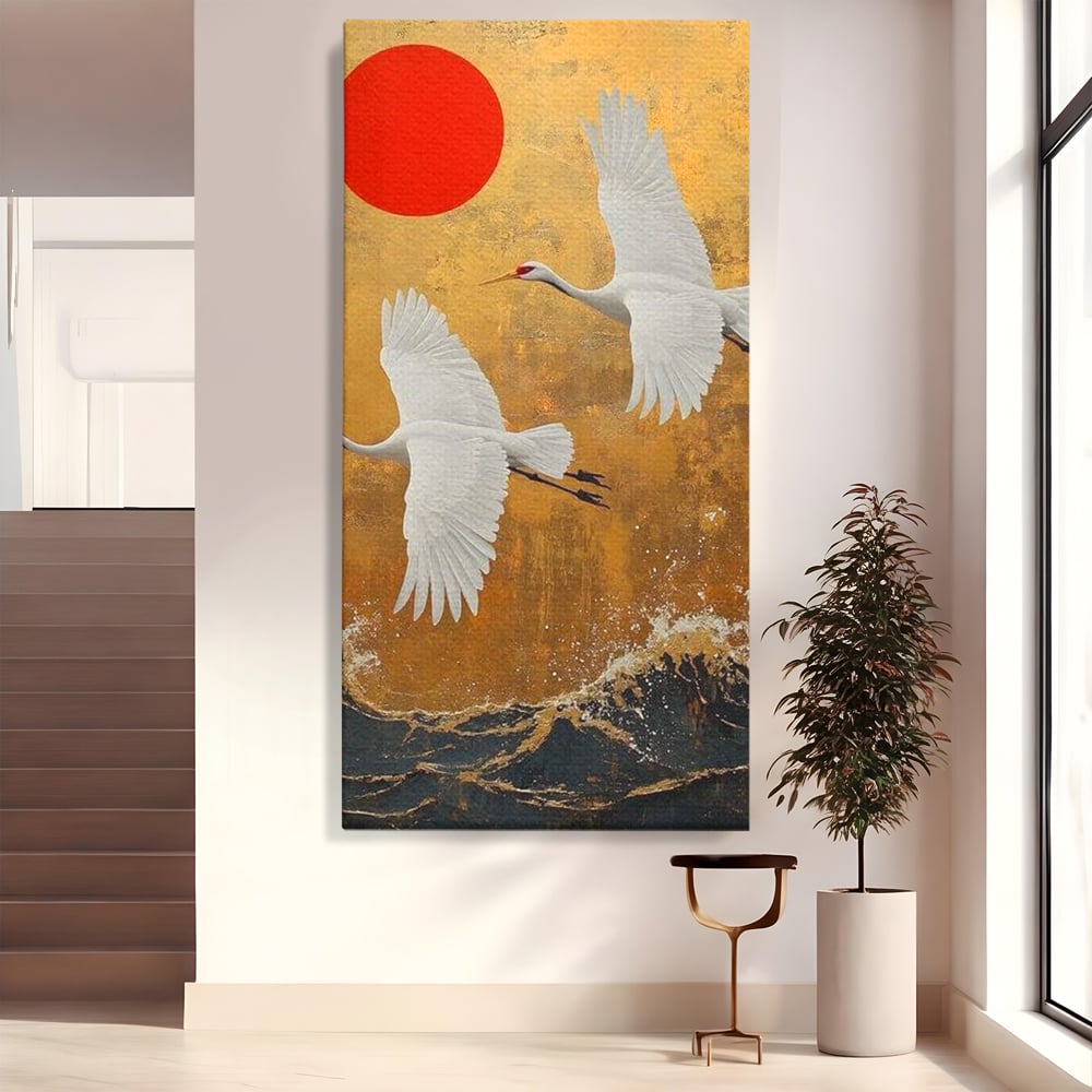Tablou Canvas Premium, LuxCanva® M1085, Aripi Gemene spre Apus, Cocori, Pasari, Soare, Rosu, Auriu, Valuri, Zbor, Aripi, Pereche, Asiatic, Oriental, Birou, Living, Camera Copil
