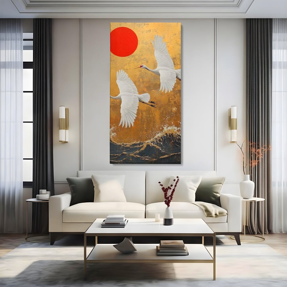 Tablou Canvas Premium, LuxCanva® M1085, Aripi Gemene spre Apus, Cocori, Pasari, Soare, Rosu, Auriu, Valuri, Zbor, Aripi, Pereche, Asiatic, Oriental, Birou, Living, Camera Copil