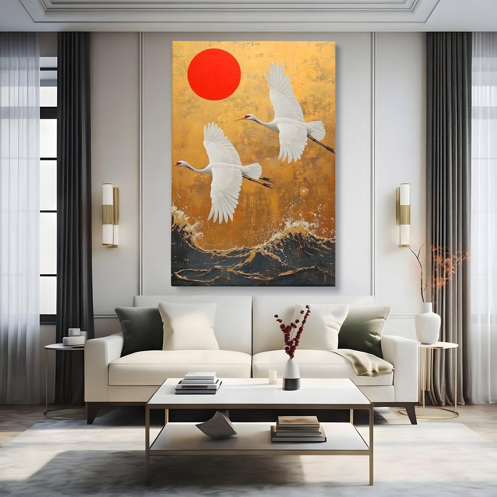 Tablou Canvas Premium, LuxCanva® M1085, Aripi Gemene spre Apus, Cocori, Pasari, Soare, Rosu, Auriu, Valuri, Zbor, Aripi, Pereche, Asiatic, Oriental, Birou, Living, Camera Copil