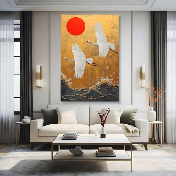 Tablou Canvas Premium, LuxCanva® M1085, Aripi Gemene spre Apus, Cocori, Pasari, Soare, Rosu, Auriu, Valuri, Zbor, Aripi, Pereche, Asiatic, Oriental, Birou, Living, Camera Copil